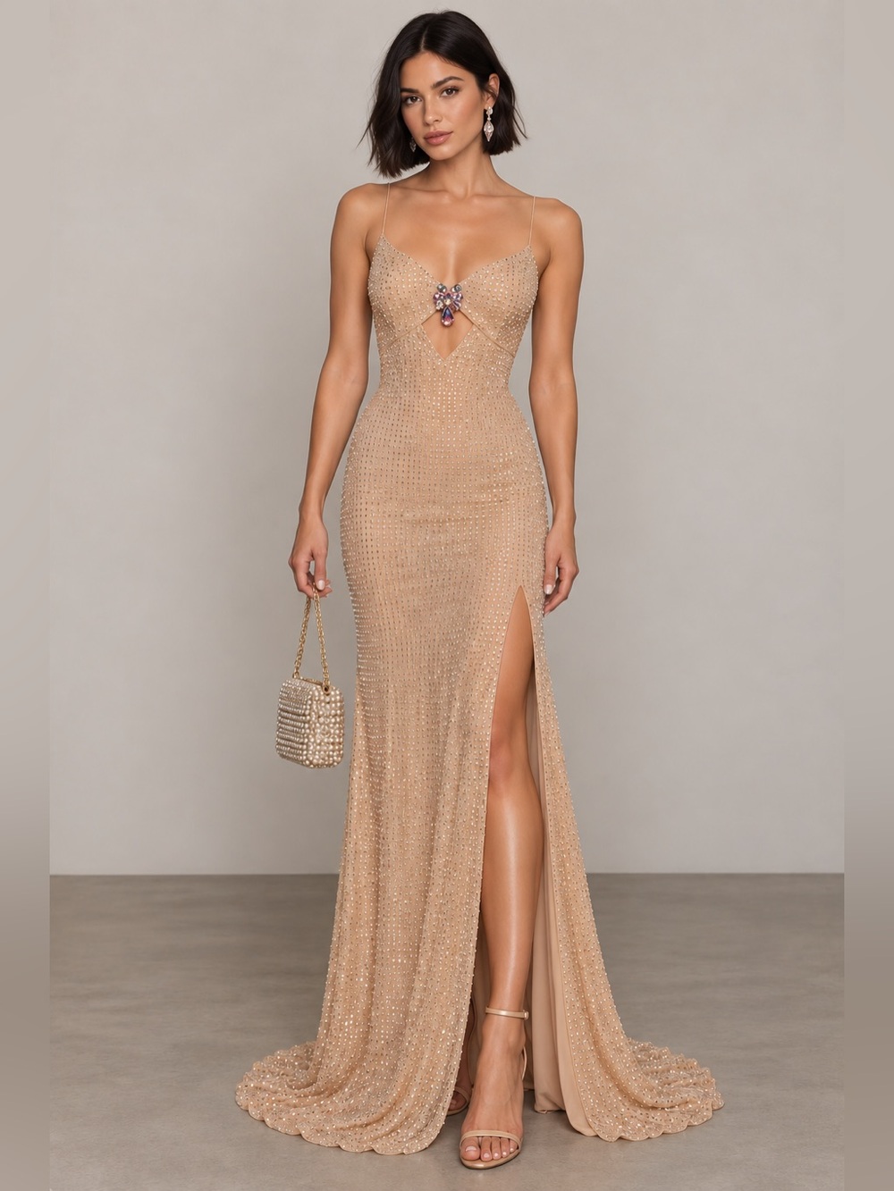 Portia & Scarlett PS25255 Nude Rhinestone Criss Cross Back Maxi Gown XS